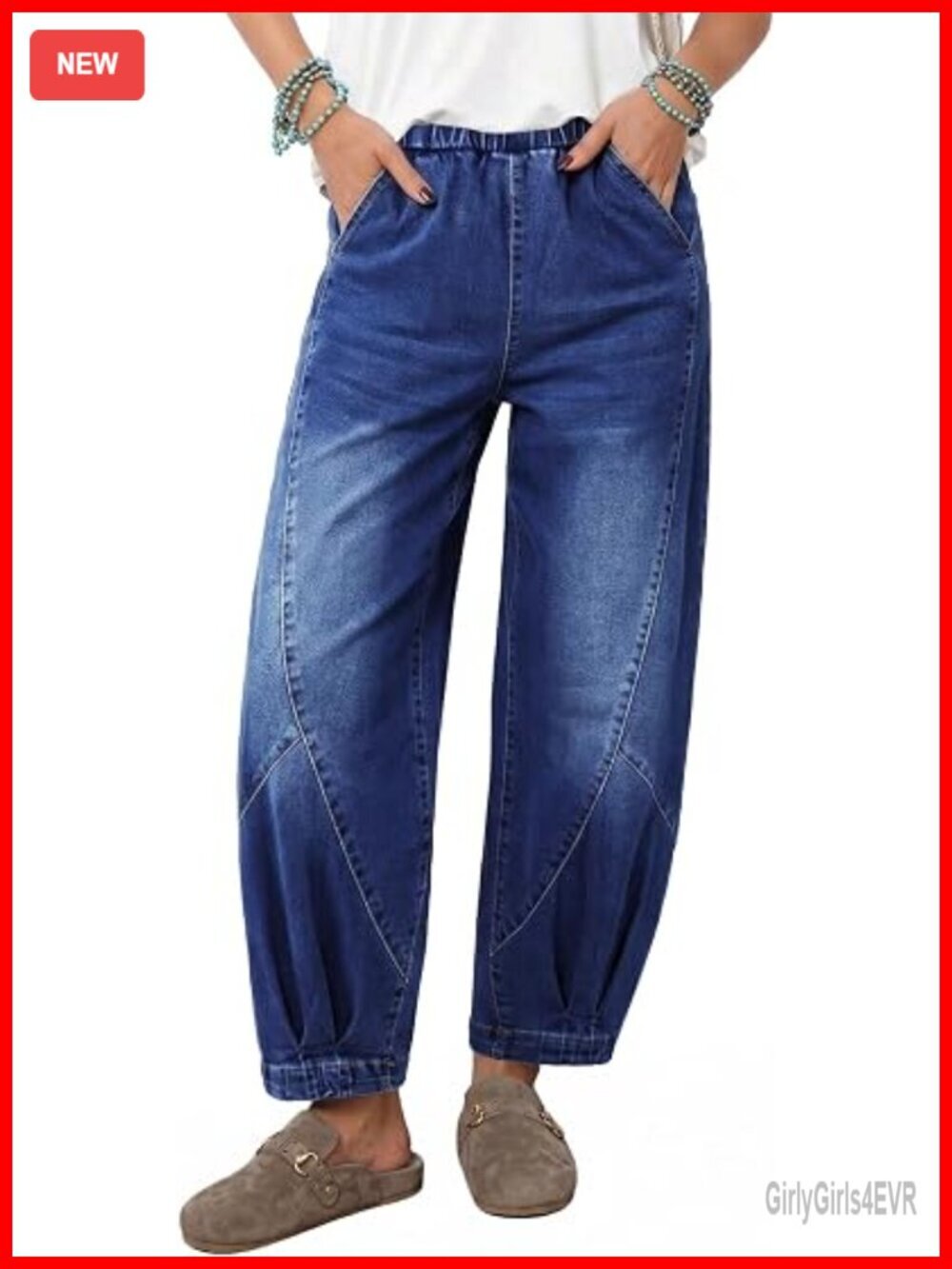 Womens Barrel Jeans High Waisted Elastic Stretchy Baggy Wide Leg Patchwork